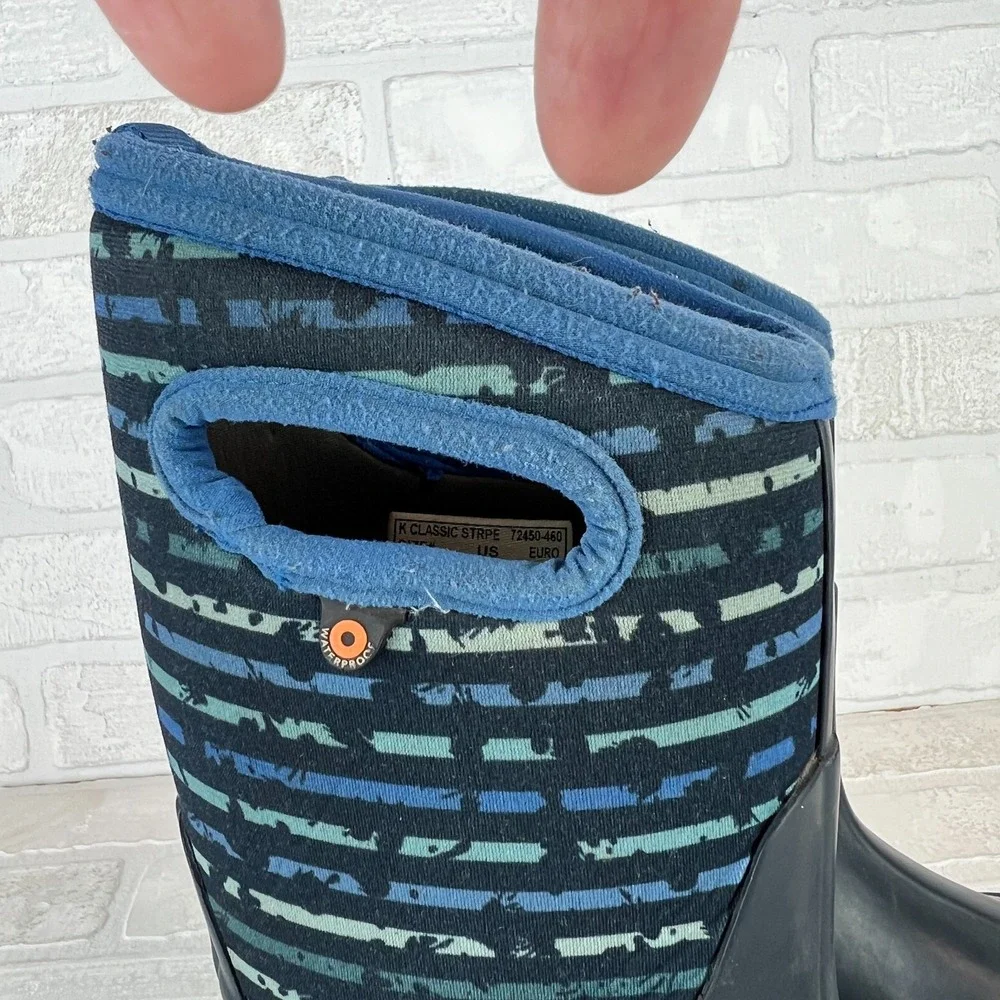 Bogs Rain Boots Youth 2 Blue Classic Stripe Waterproof Insulated Mid Calf Winter